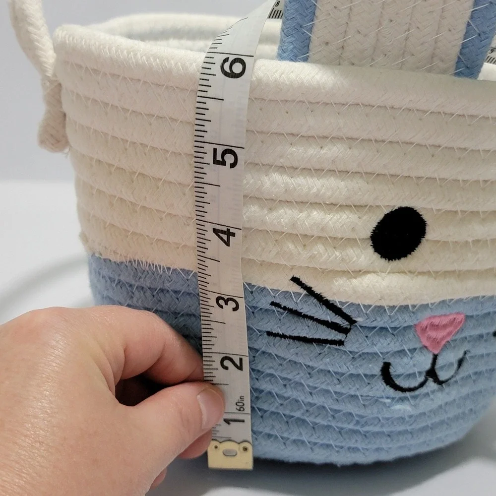 Blue White Woven Cotton Rope Bunny Easter Basket Embroidered Face 3D Ears 6in